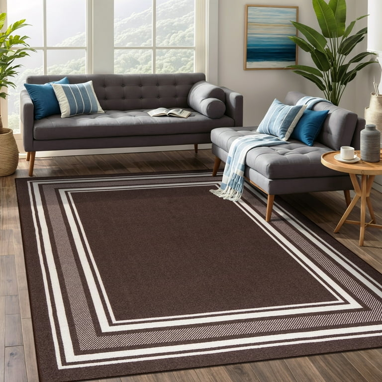 Area Rug Brown Contrasting Border Low Pile Transitional Solid Design