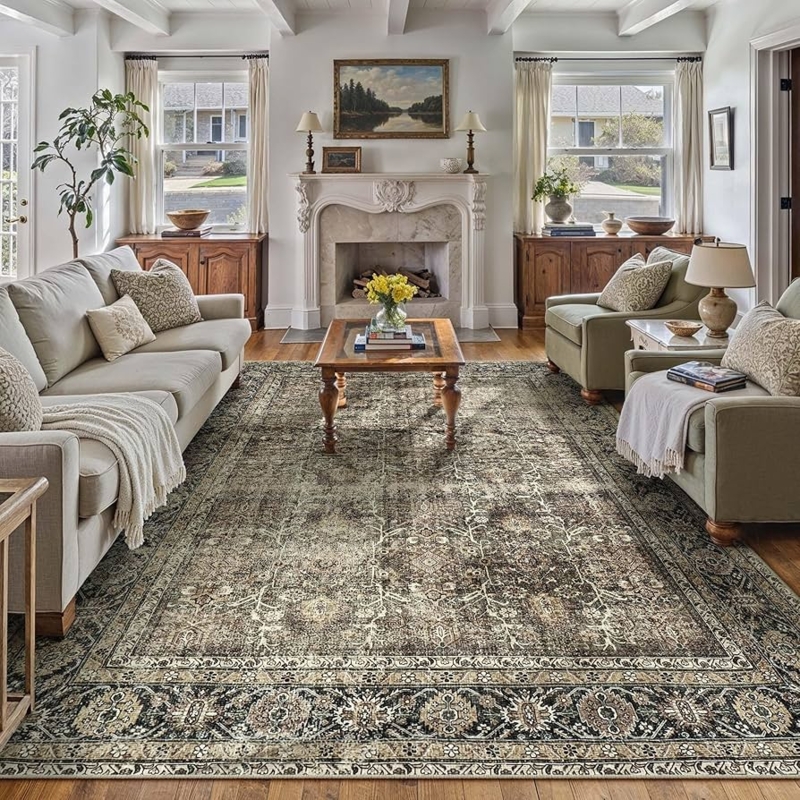 Area Rug Brown Distressed Medallion Pattern Washable Low Pile