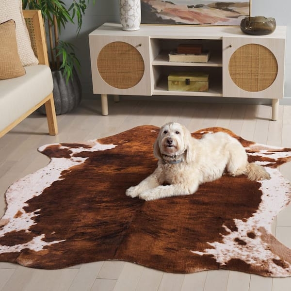 Area Rug Brown Ivory Animal Print Organic Shape Faux Hide Rug Decor
