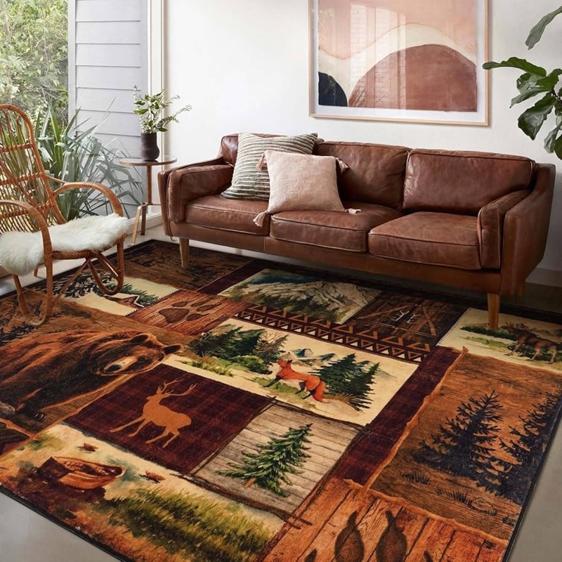 Area Rug Buffalo Check Border Animal Silhouette Panels Low Pile