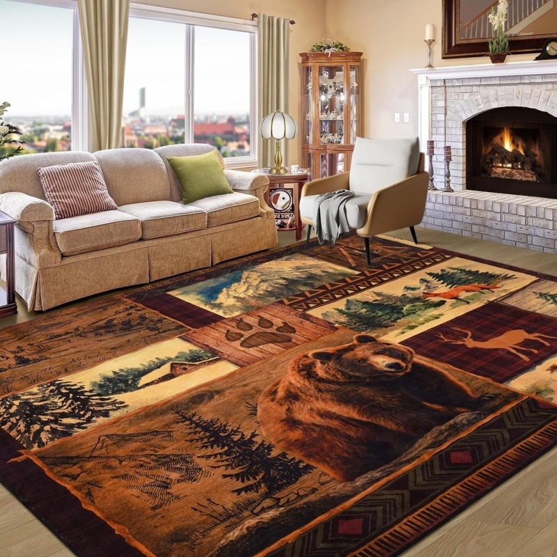 Area Rug Buffalo Plaid Border Wildlife Pattern Farmhouse Lodge