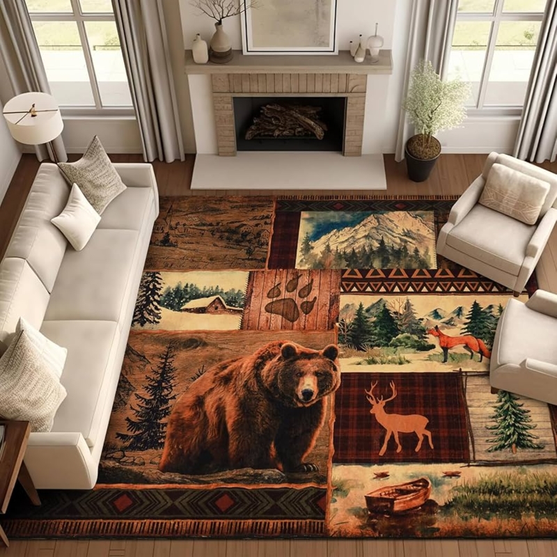 Area Rug Buffalo Silhouette Southwestern Border Warm Brown Black