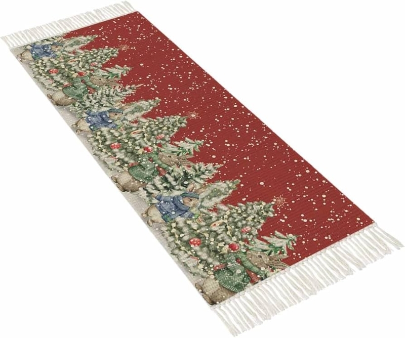 Area Rug Bunny Motif Knotted Fringe Festive Red Christmas Entryway