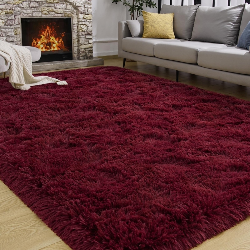 Area Rug Burgundy High Pile Shag for Cozy Living Room