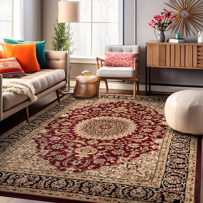 Area Rug Burgundy Oriental Medallion Traditional Low Pile