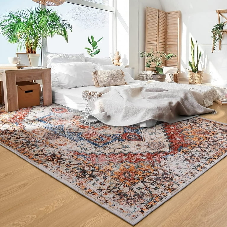 Area Rug Burnt Orange Boho Traditional Low Profile Medallion