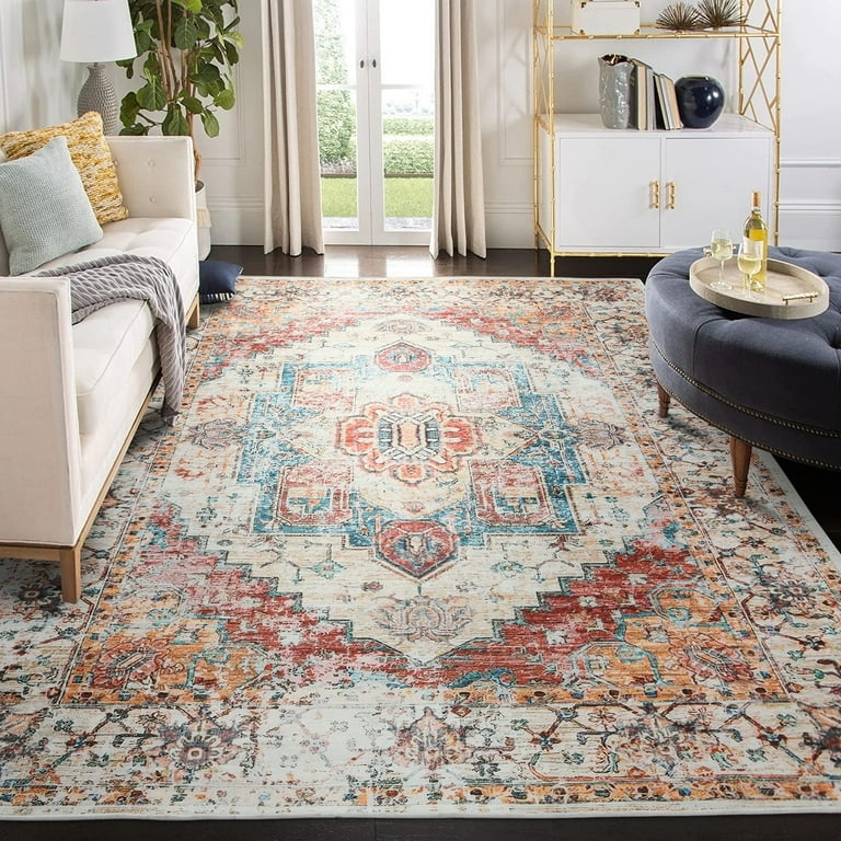 Area Rug Burnt Orange Medallion Distressed Retro Styling