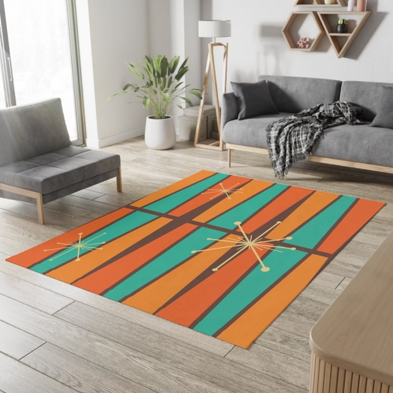 Area Rug Burnt Orange Palette Atomic Pattern Teal Mustard Retro Vintage
