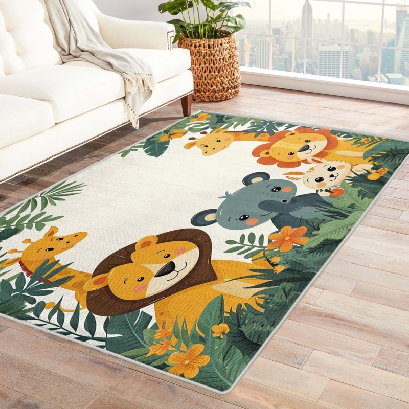 Area Rug Cartoon Safari Animals Small Accent Size Low Pile
