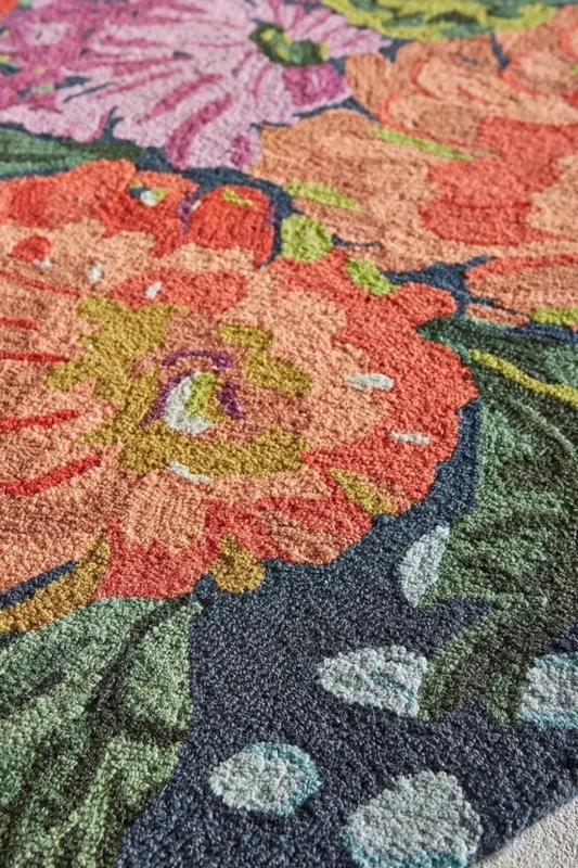 Area Rug Carved Botanical Design Navy Base Vibrant Maximalist