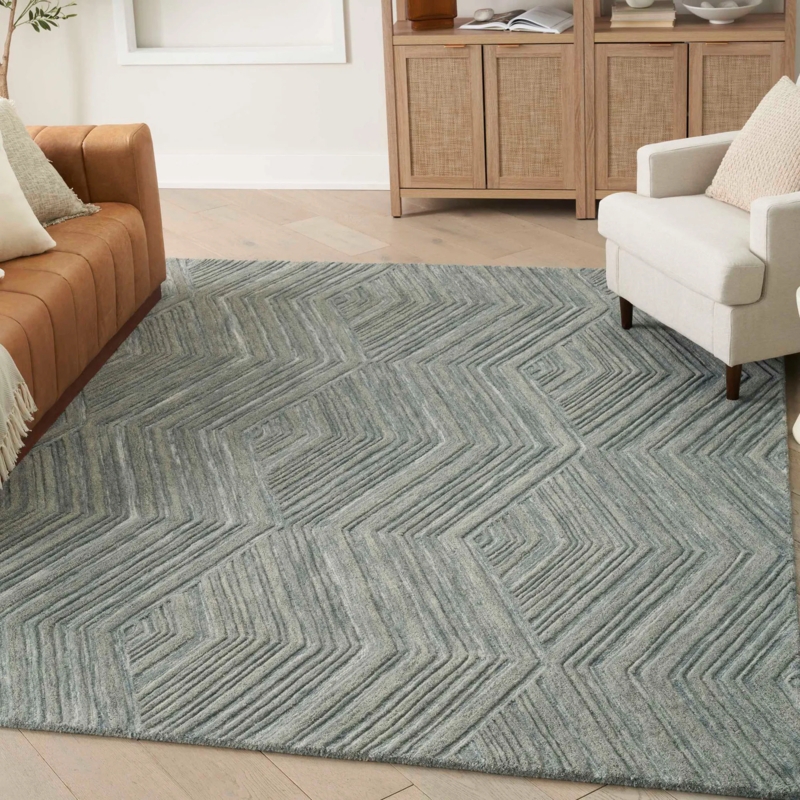 Area Rug Carved Relief Blue Tonal Palette Hand Tufted Transitional