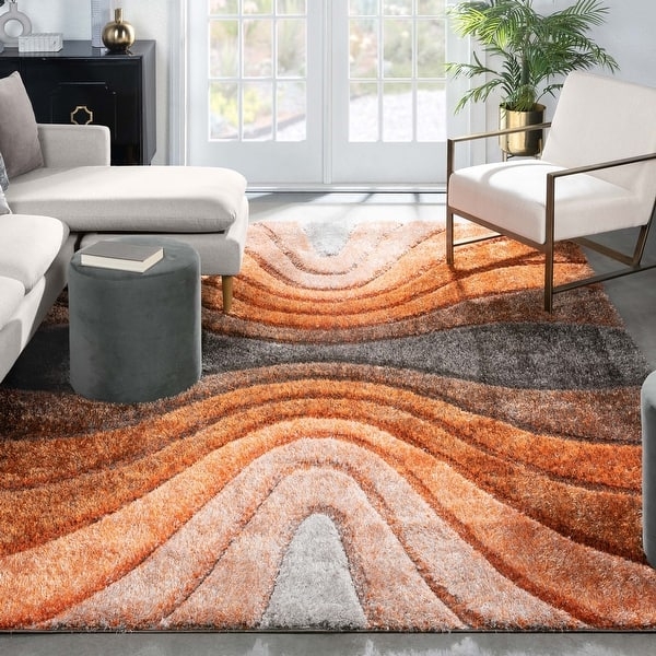 Area Rug Carved Shag High Low Geometric Pattern Plush Cream Living Room Styling