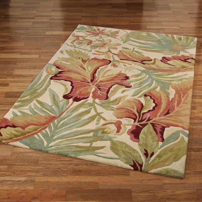Area Rug Carved Texture Large Scale Palm Leaf Coastal Green And Ivory Rug