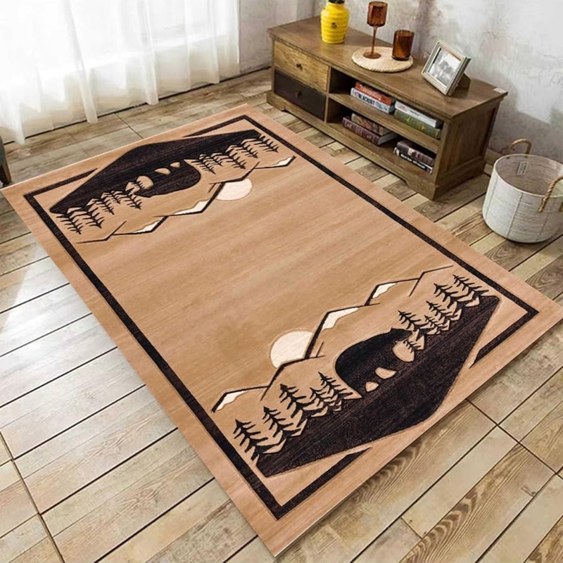 Area Rug Central Black Bear Motif Orange-Red Accents Brown