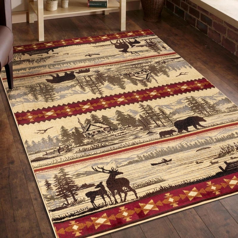 Area Rug Central Cabin Scene Multi Border Rustic Mountain Scenery