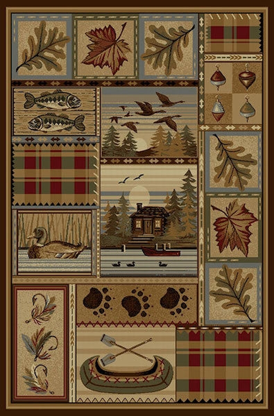 Area Rug Central Lake Scene Multi-Border Design Burgundy