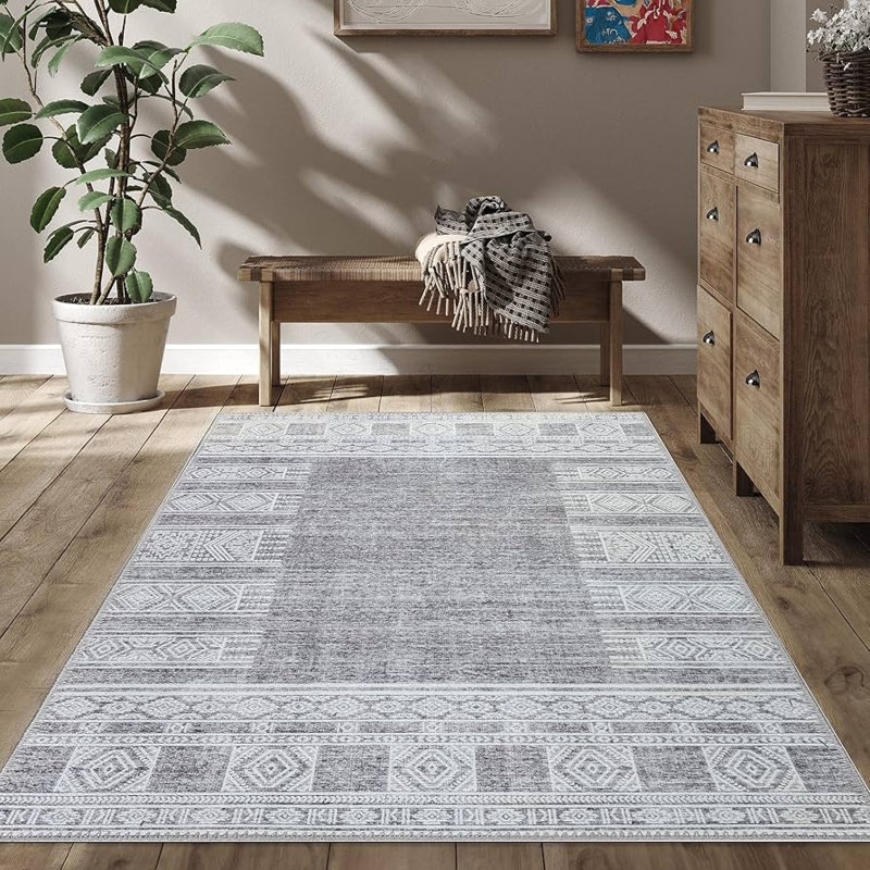 Area Rug, Charcoal and White, Pet-Friendly, Distressed Medallion