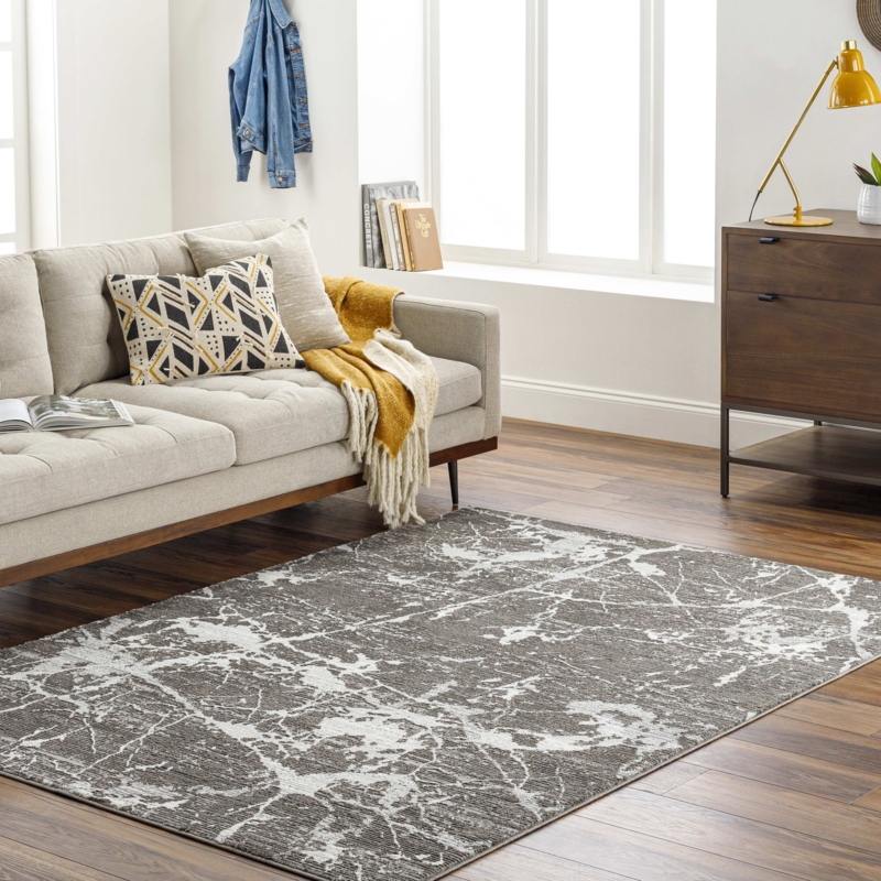 Area Rug Charcoal Ivory Abstract Geometric Distressed Style