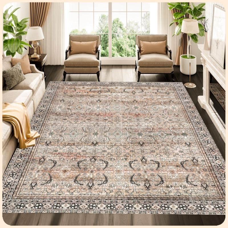Area Rug Charcoal Olive Palette Distressed Medallion Traditional Washable