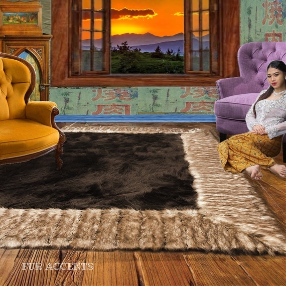 Area Rug Charcoal Tan Ribbed Fox Border Faux Fur Pelt Design Thick