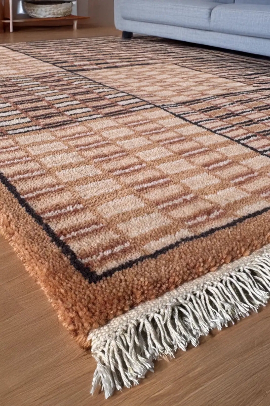 Area Rug Checkered Grid Hand Knotted Brown Tan Living Room Decor Styling
