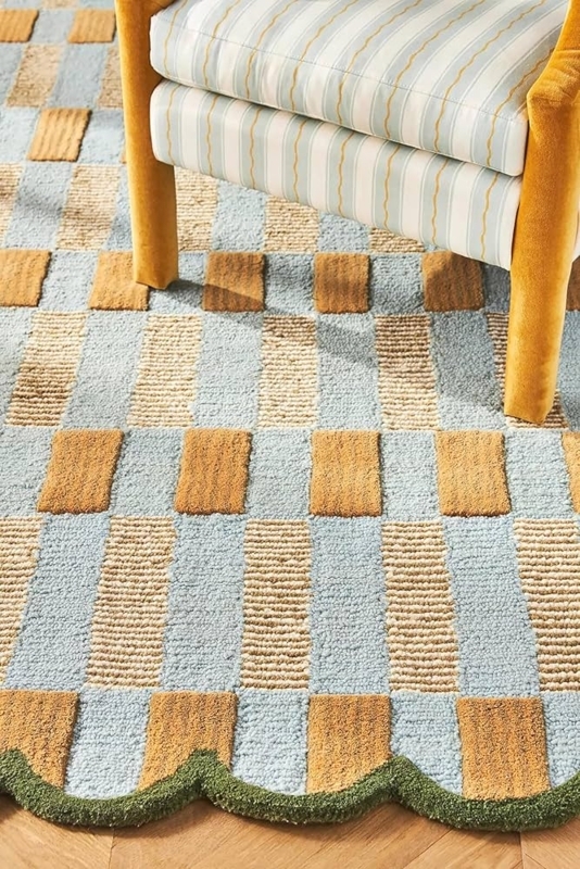 Area Rug Checkered Wool Scalloped Edge Blue Mustard Olive