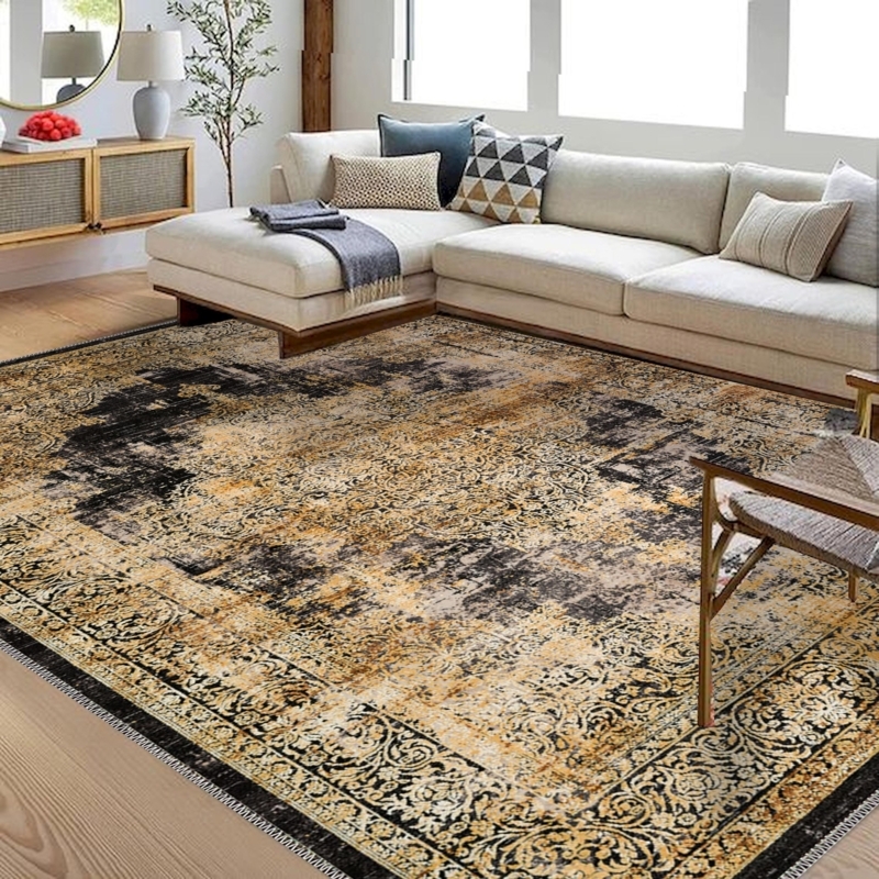 Area Rug Chenille Low Pile Distressed Oriental Pattern Vintage Style