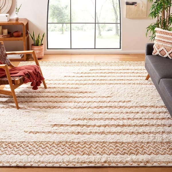 Area Rug Chevron Flokati Pattern Ivory Brown High Pile Shag