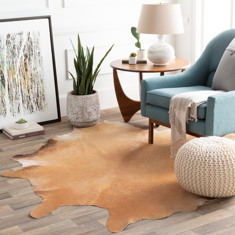 Area Rug Chevron Patchwork Leather Blue Cream Contemporary