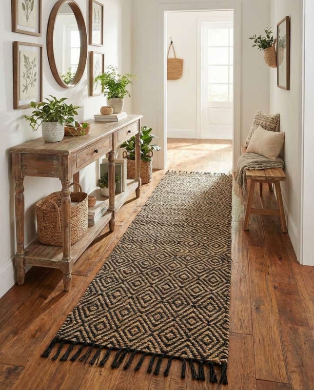 Area Rug Chunky Braid Black Natural Fiber Handwoven Jute