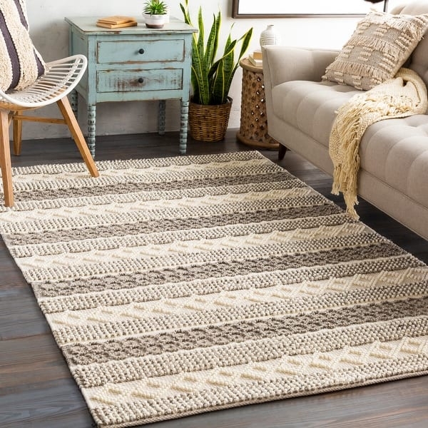 Area Rug Chunky Geometric Grid Woven Cream Scandi Style