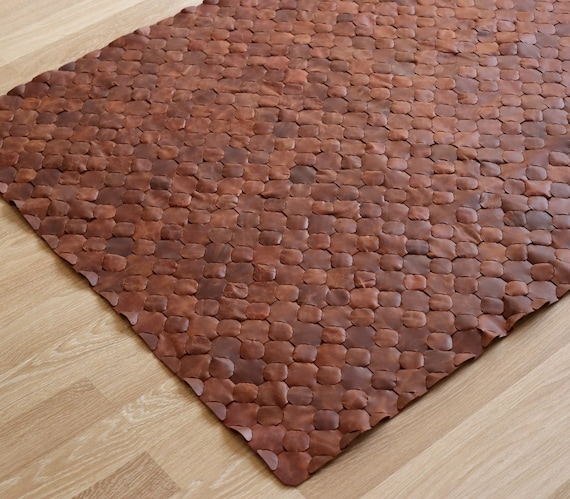 Area Rug Chunky Knitted Leather Fringed Boho Style Tobacco