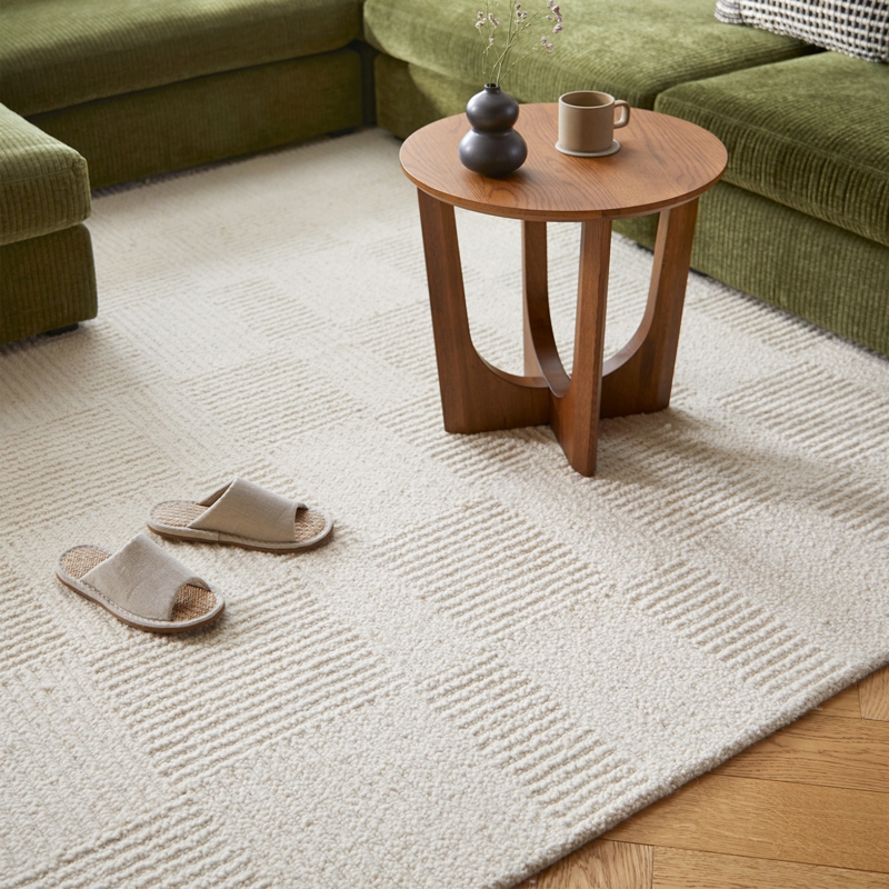 Area Rug Chunky Weave Textured Ivory Wool Scandinavian Minimalist