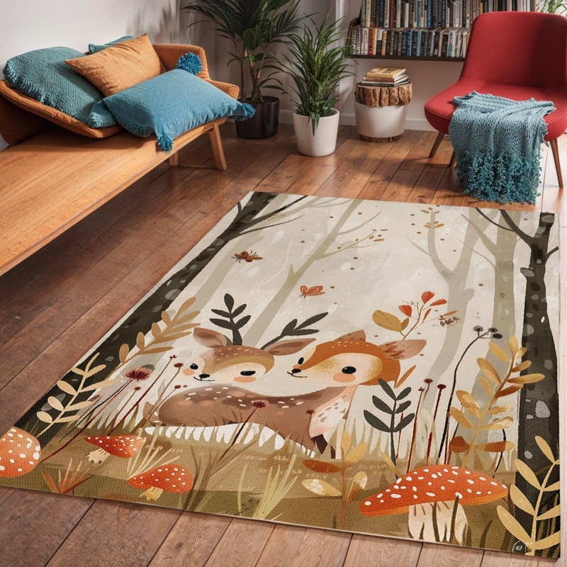 Area Rug Circular Shape Woodland Animal Illustrations Earthy Tones
