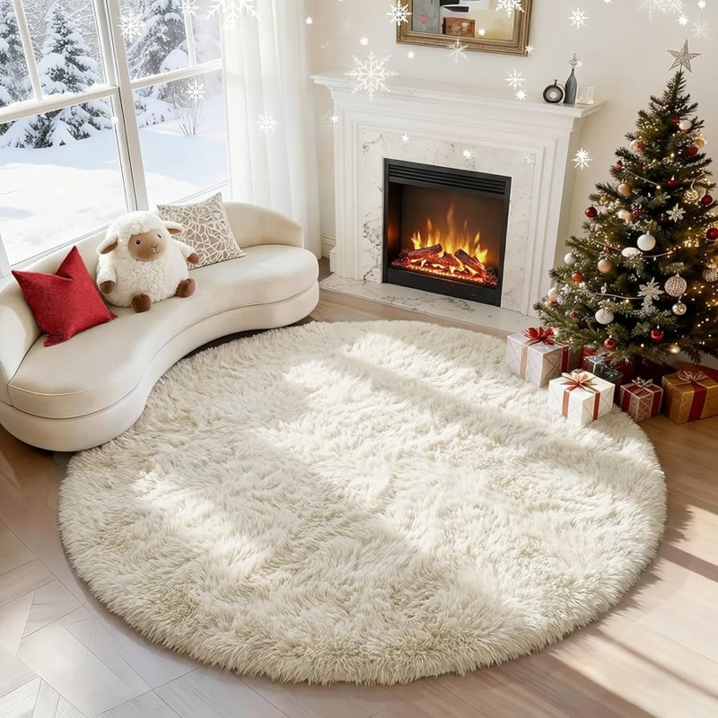 Area Rug: Circular Silhouette Cream White Fluffy Shag for Kids