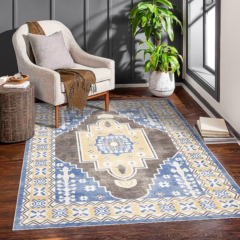 Area Rug Classic Brown Medallion Ornate Border Washable