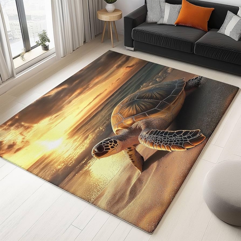 Area Rug Coastal Sea Turtle Graphic Sunset Beach Scene Printed Design