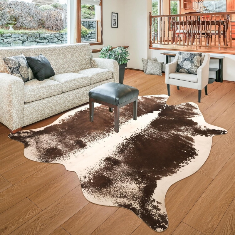 Area Rug Coffee Tone Faux Cowhide Soft Pile Cream Accent Bedroom Rug