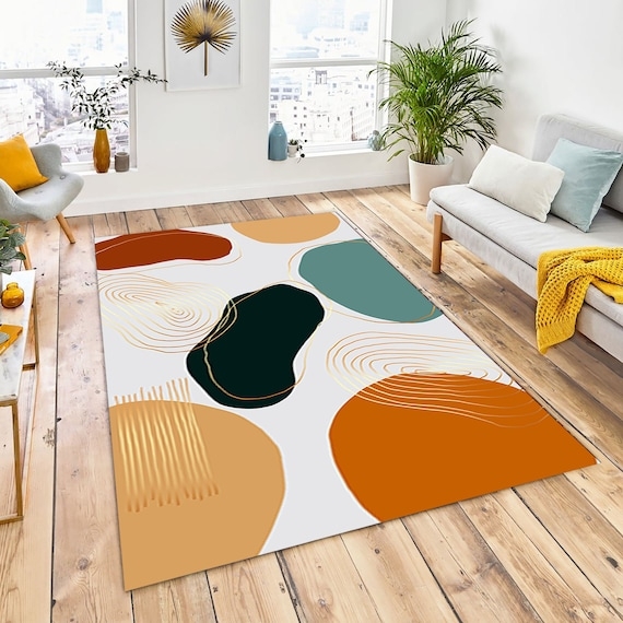 Area Rug Colorful Abstract Geometric, Corner Tassels Boho Style