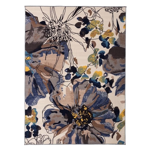 Area Rug Colorful Botanical Print, Cream Base, Oversized Motifs, Contemporary