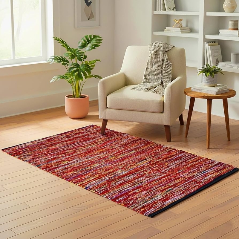 Area Rug Colorful Chindi Balcony Multicolored Strips Knotted Fringe