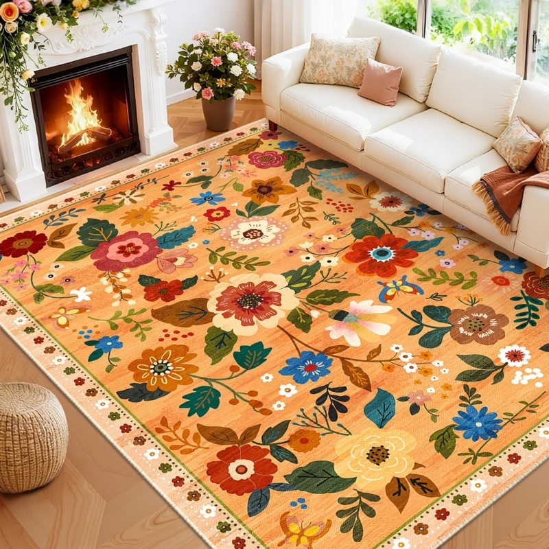 Area Rug Colorful Floral Print, Warm Palette, Low Pile Washable, Farmhouse