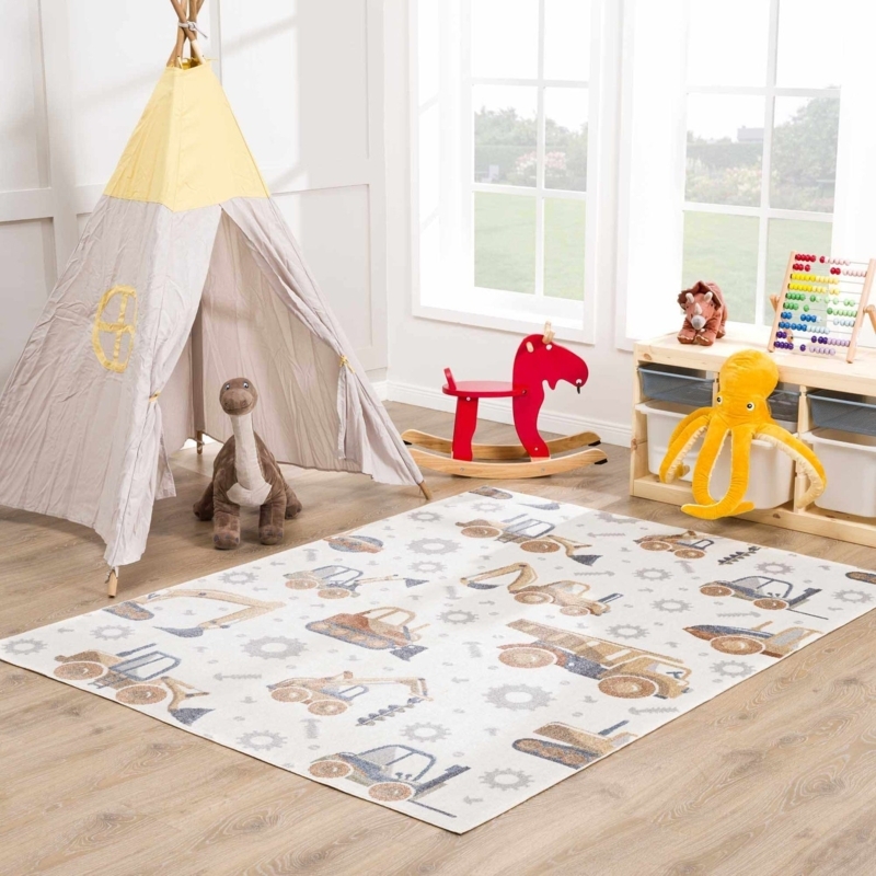 Area Rug Construction Theme Silver Gray Ground Playroom