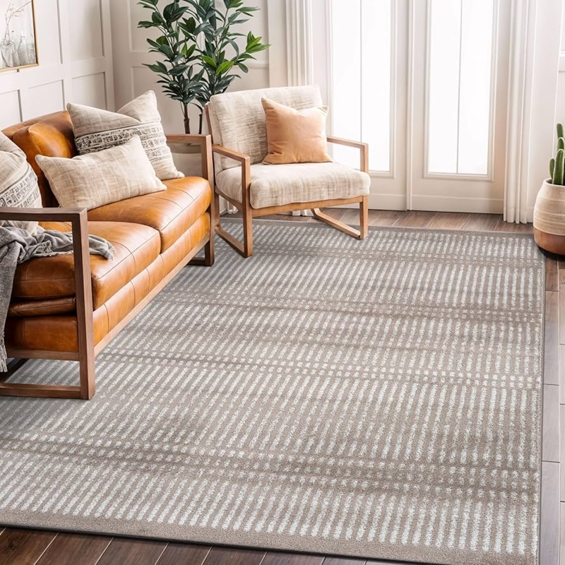 Area Rug Contemporary Beige Striped Minimalist Living Room Floor Decor