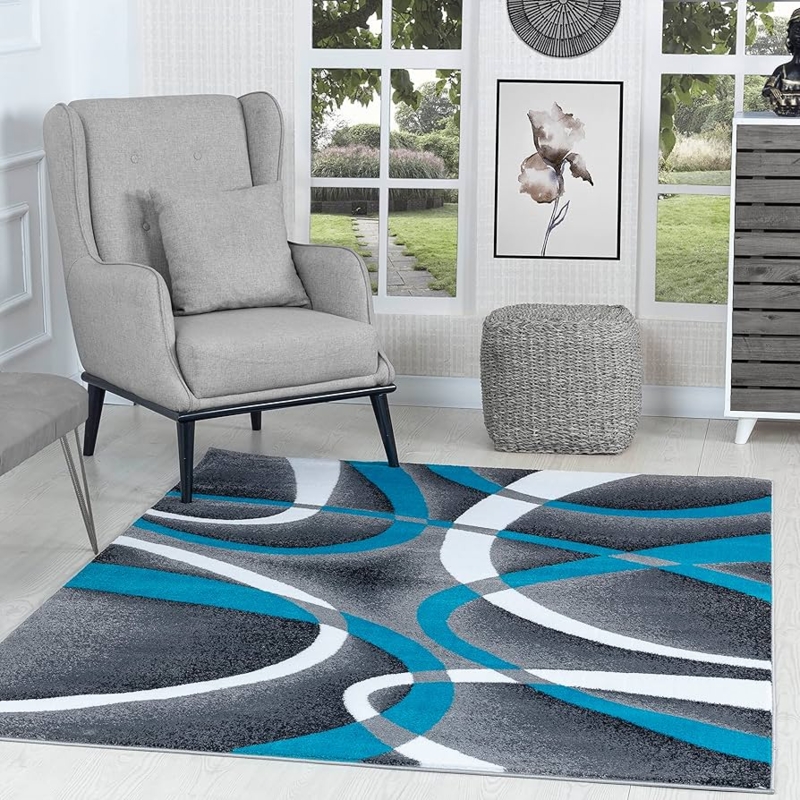 Area Rug Contemporary Turquoise Swirls Flowing Abstract Pattern.