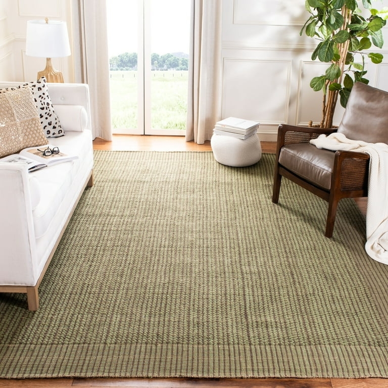 Area Rug, Contrasting Sage Green Border, Hand Woven Jute, Charcoal Accent