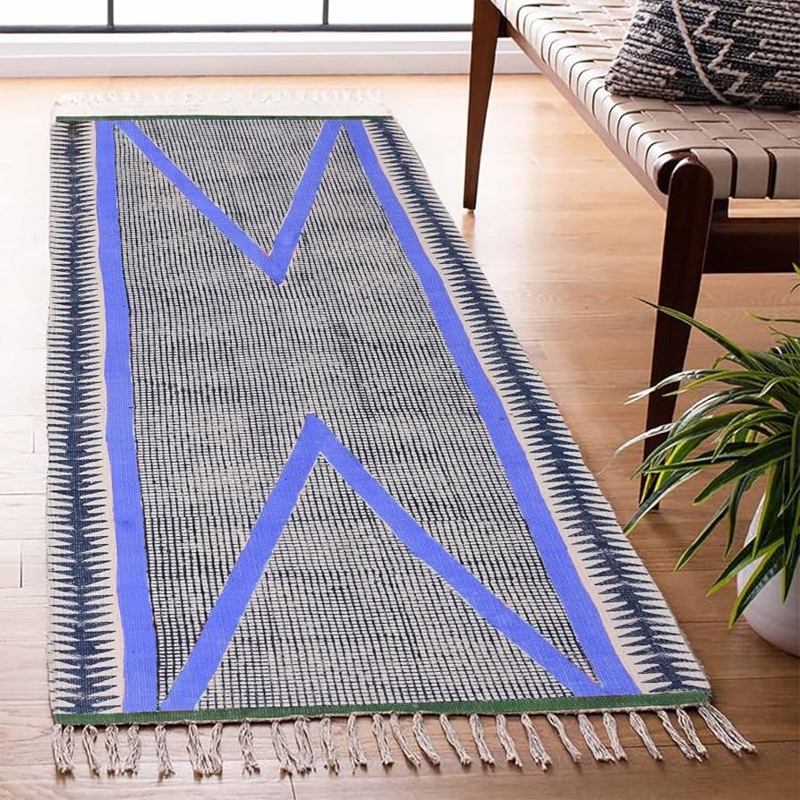 Area Rug Cotton Block Print Pattern with Tassels Airy Living Room