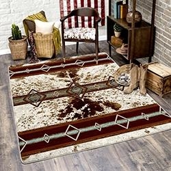 Area Rug Cowhide Panels Embossed Leather Border Patchwork Design