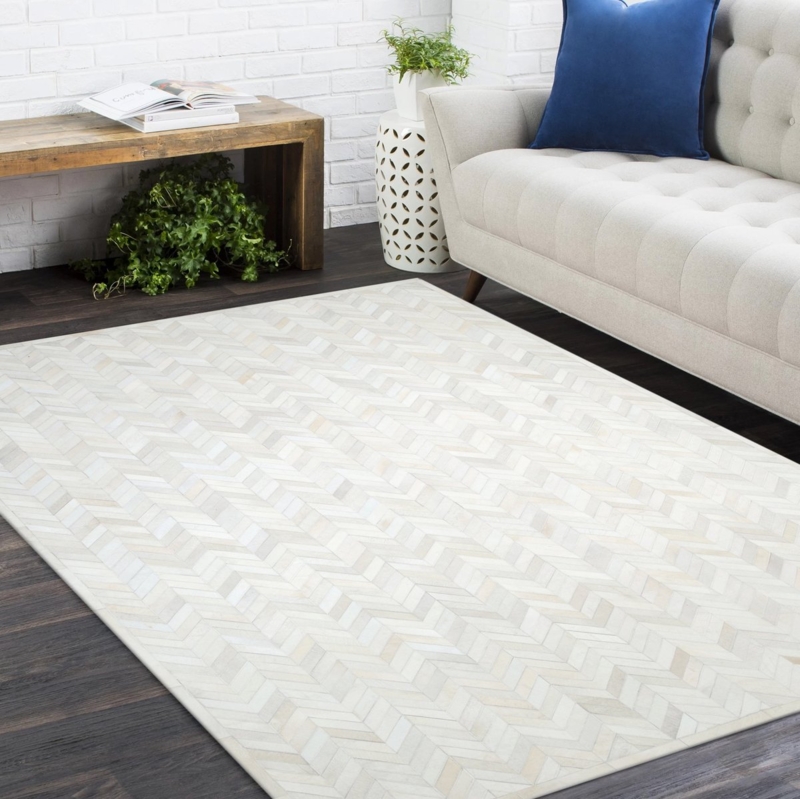 Area Rug Cowhide Patchwork Linear Grid Design Contemporary Style