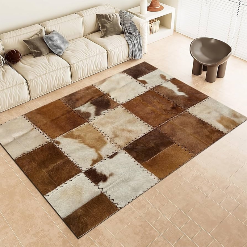 Area Rug Cowhide Print Patchwork Stripes Earth Tones Farmhouse